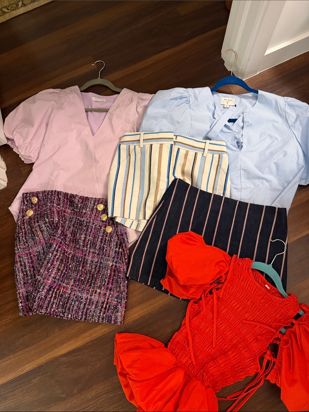 Mixed Women's Clothing Bundle - Pastel Tops, Striped Shorts & Red Dress